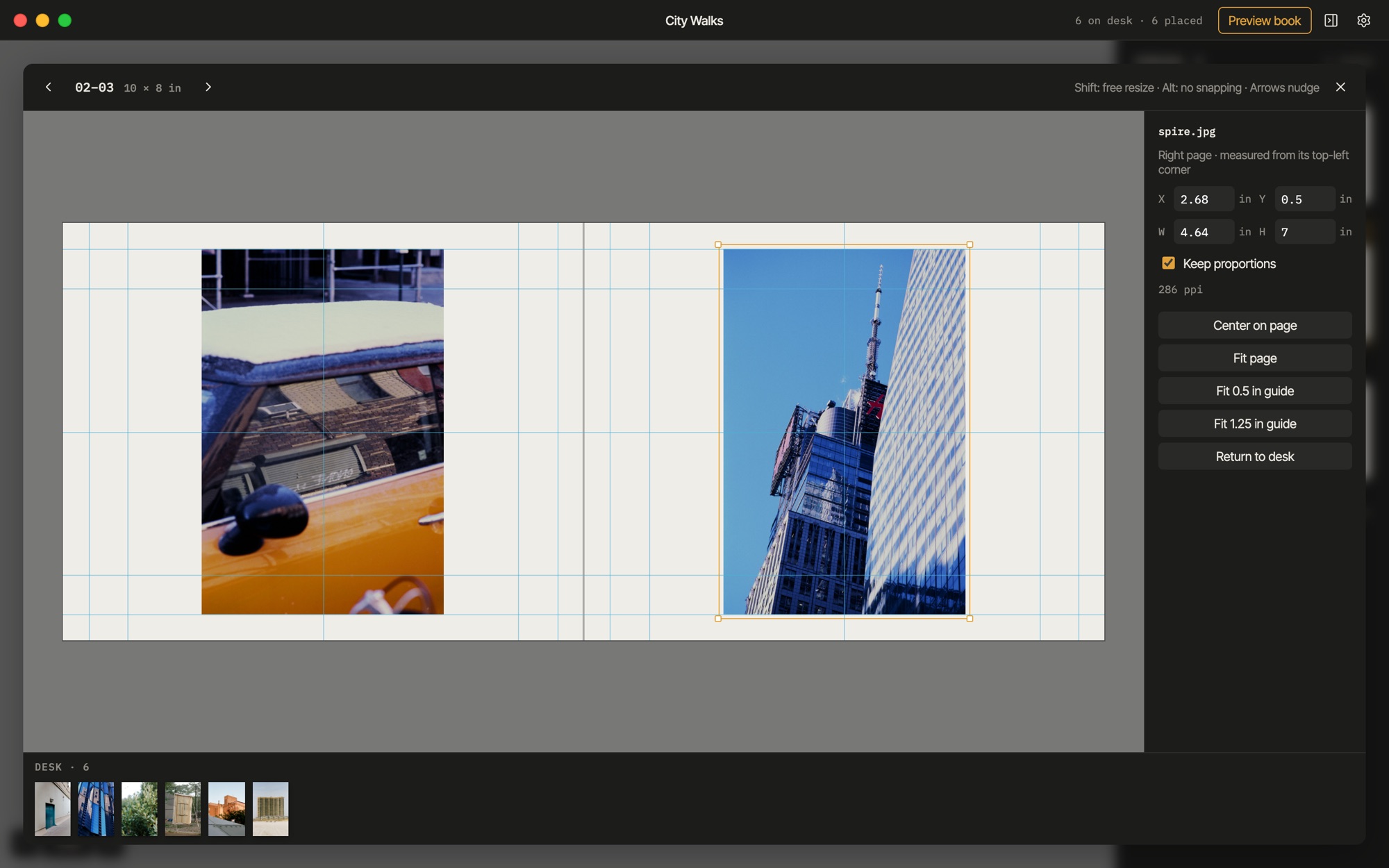 A spread: two photos placed on facing pages, with guides
